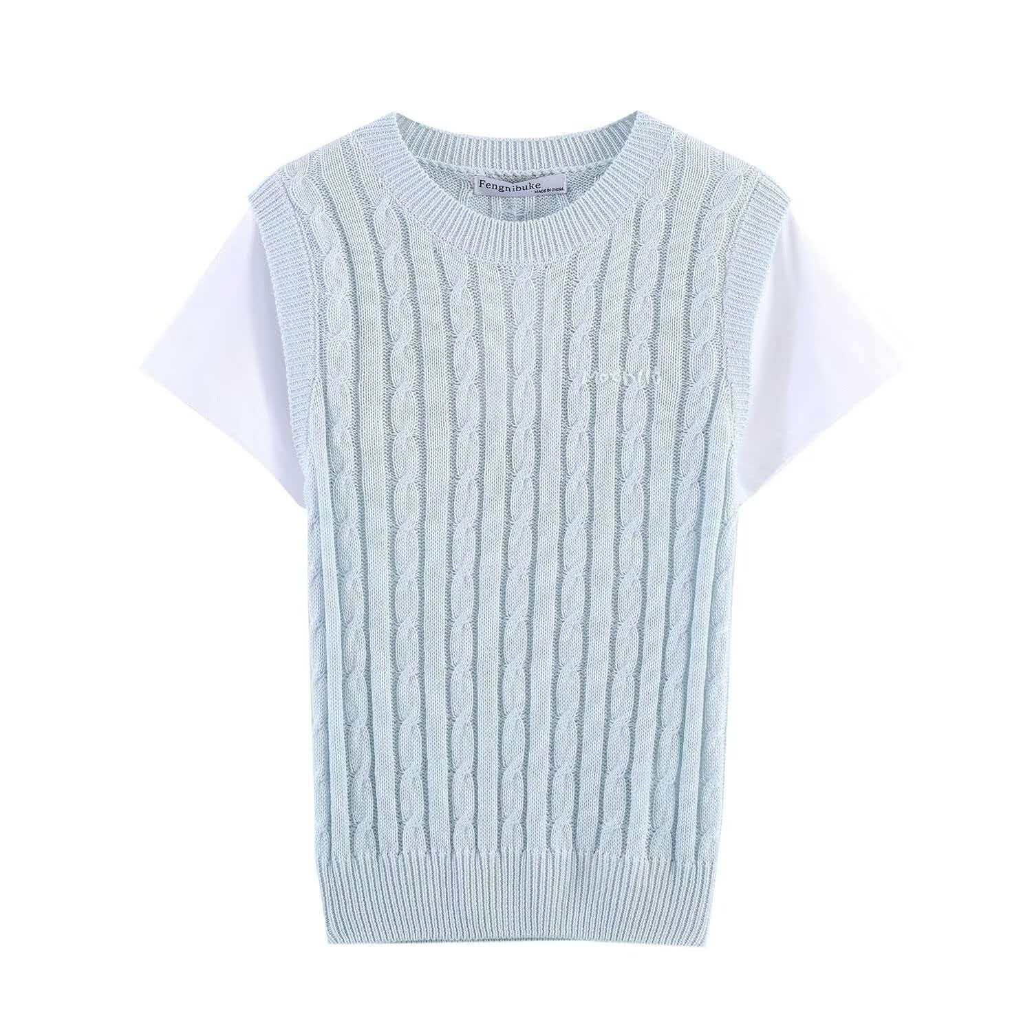 Light Blue Faux-Layer Knit Top Short Sleeve Crew Neck