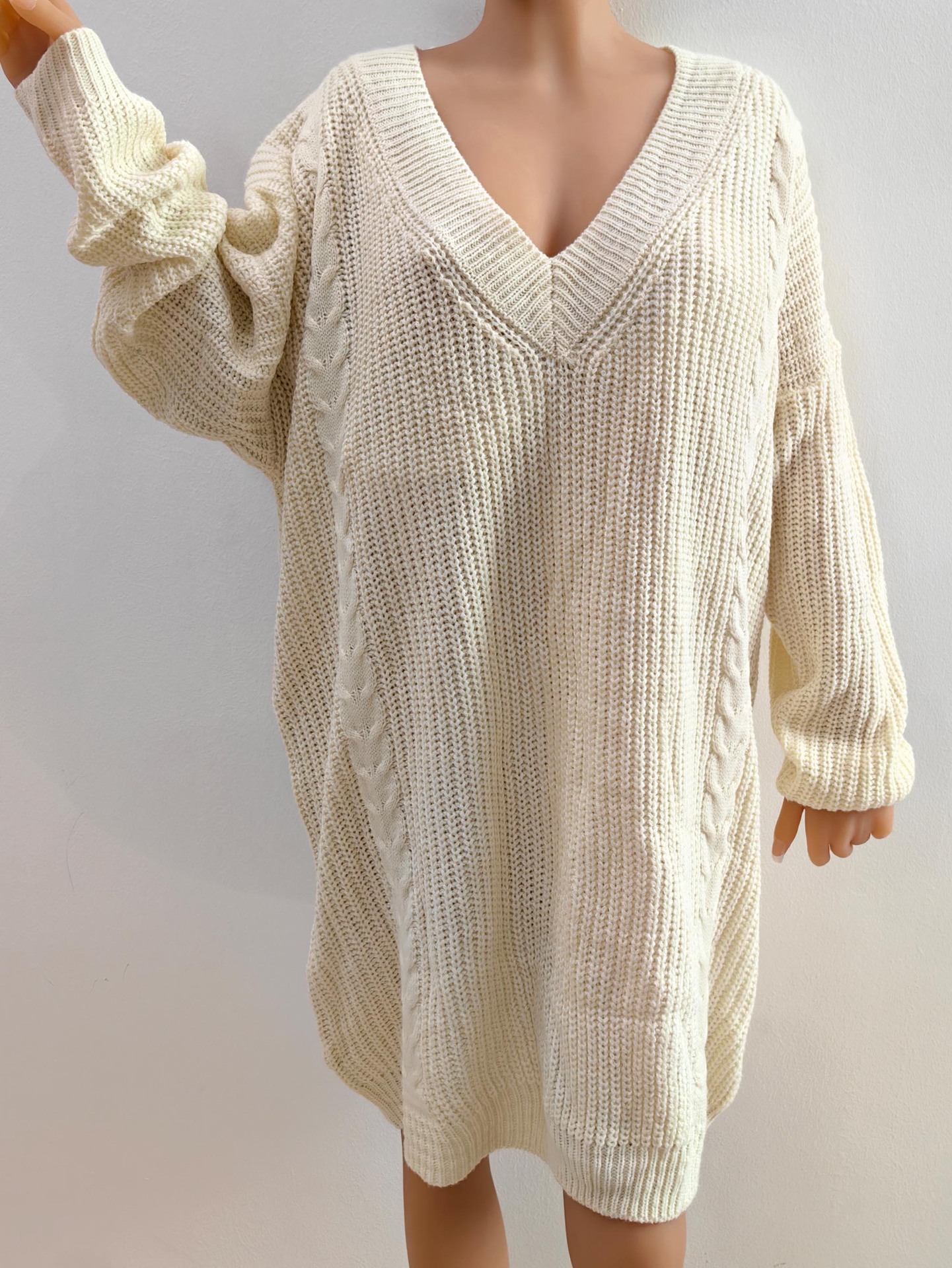 Plus Size Deep V-Neck Knit Sweater Dress Solid Loose Long Sleeve