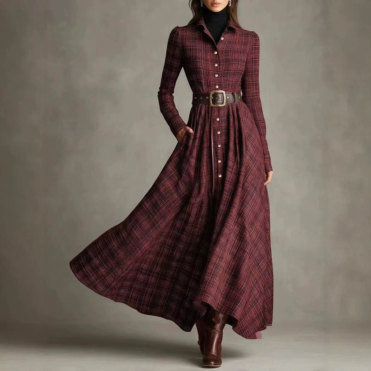 Plaid Collared Button-Front Shirt Dress with Pockets and Elastic Waist