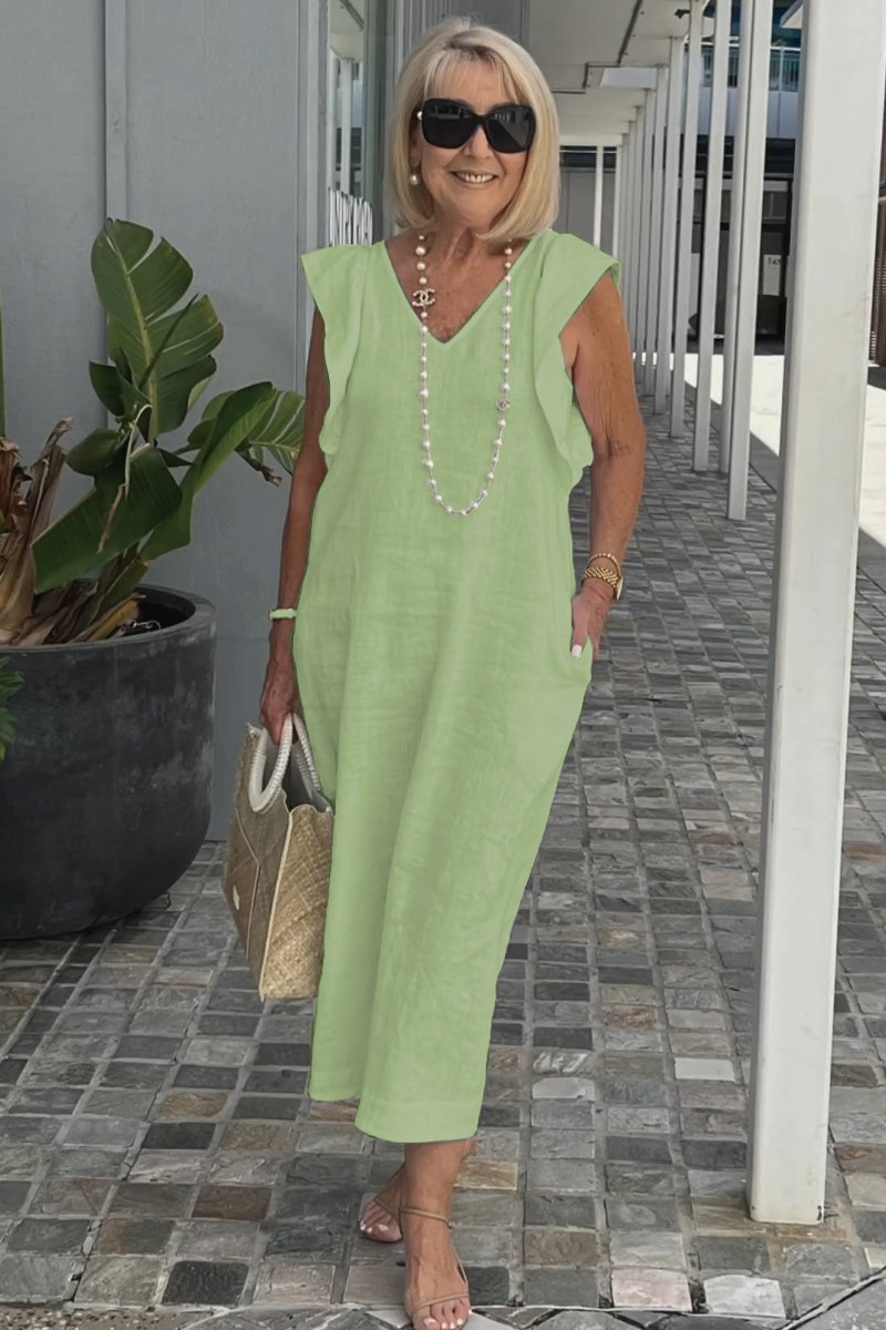 Women's Summer Cotton-Linen Dress with Back Tie and Flutter Sleeves