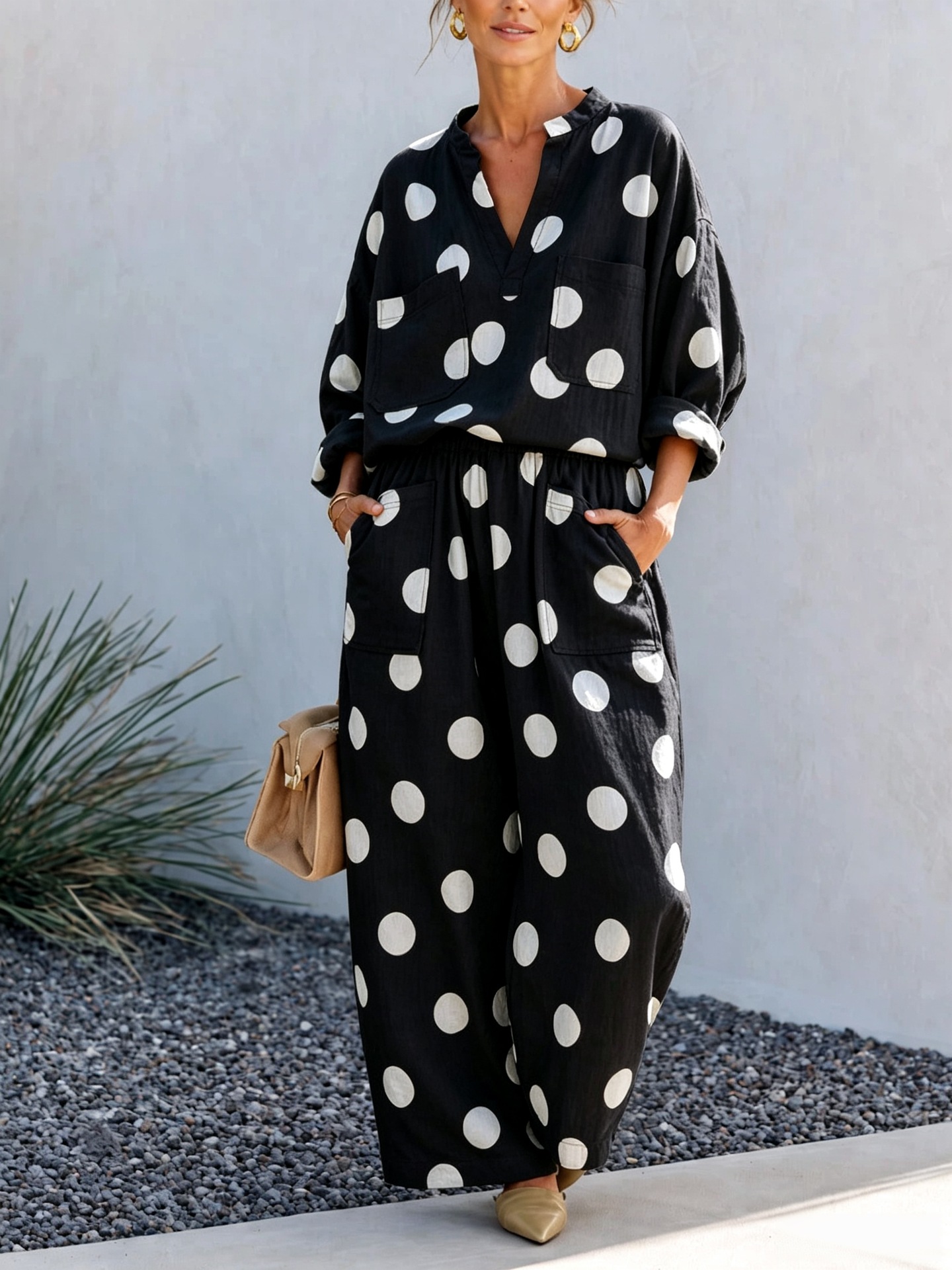 Women's V-Neck Long Sleeve Top and Wide-Leg Pants Two-Piece Set