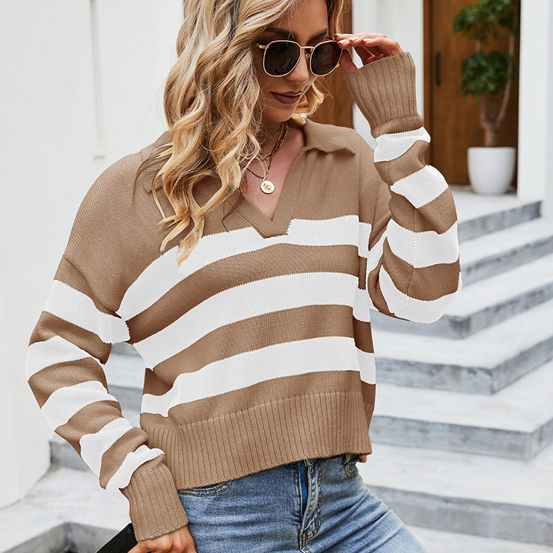 Women's Long Sleeve Polo Neck Cotton Knit Striped Color Block Pullover Sweater