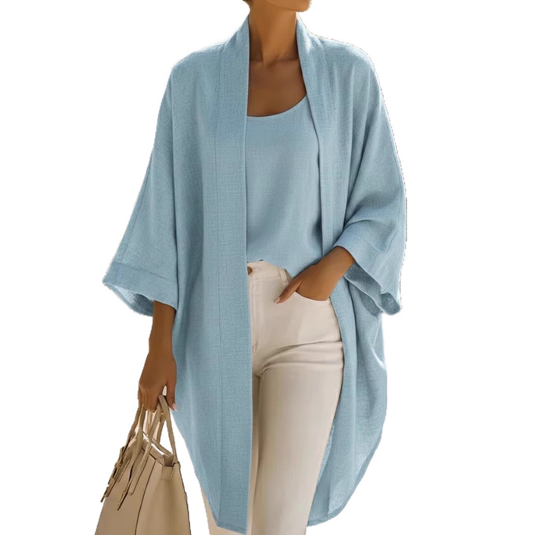 Women's Solid Color Cardigan & Tee Two-Piece Set Casual Loose Fit