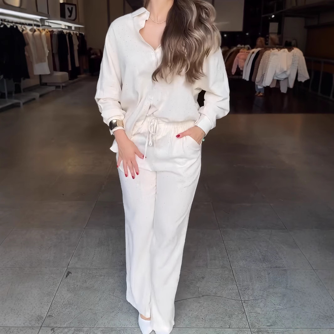 Rhinestone Star Print Shirt & Drawstring Wide-Leg Pants Set