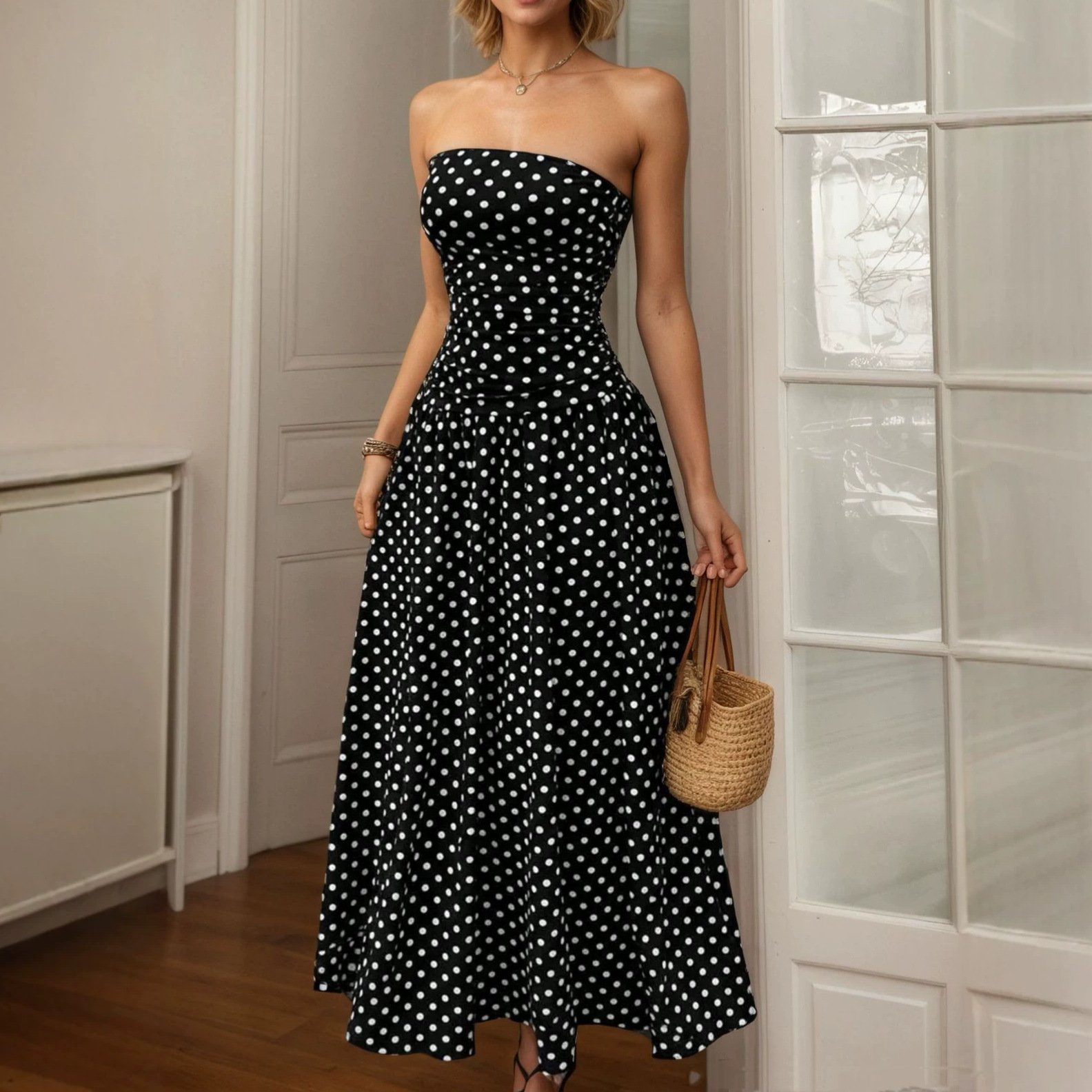 Polka Dot Halter Neck Bodycon A-Line Maxi Dress