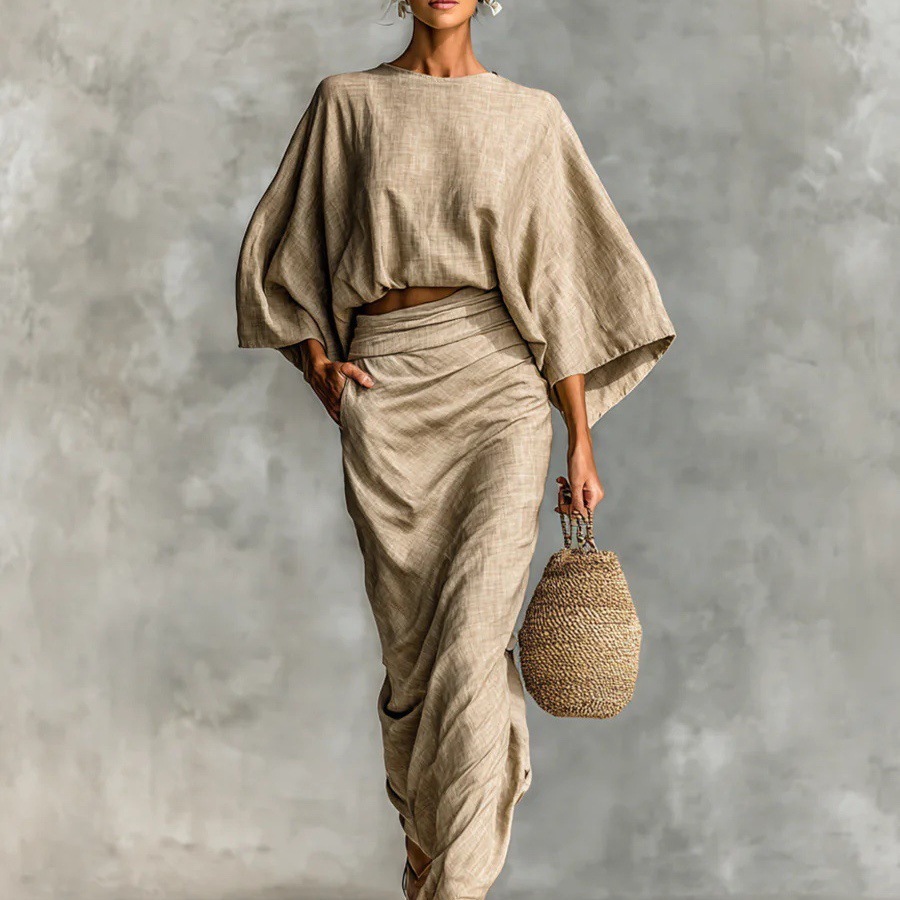 High-Waist Midi Skirt Set with Round-Neck Long-Sleeve Loose Top