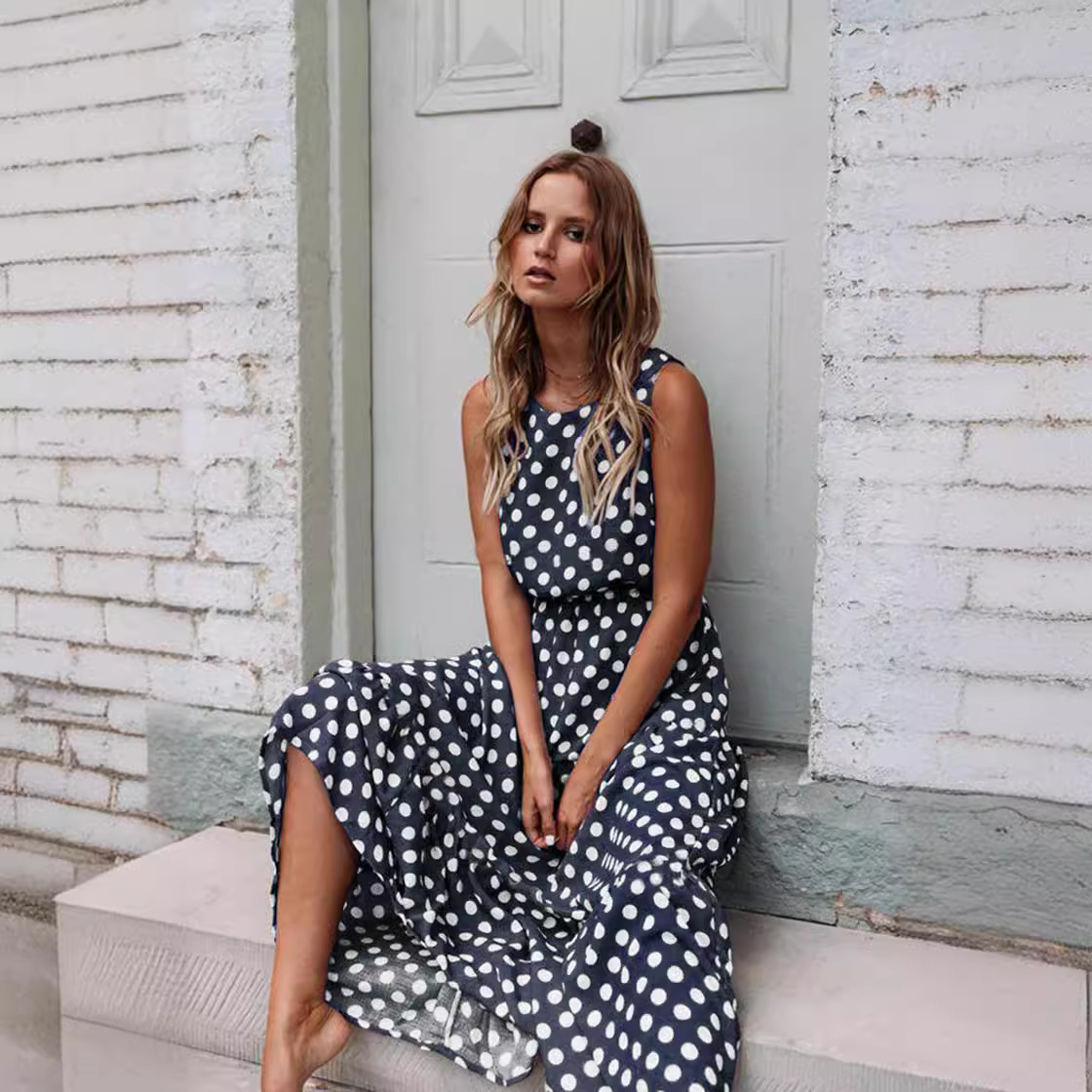 Polka Dot Print Round Neck Long Dress