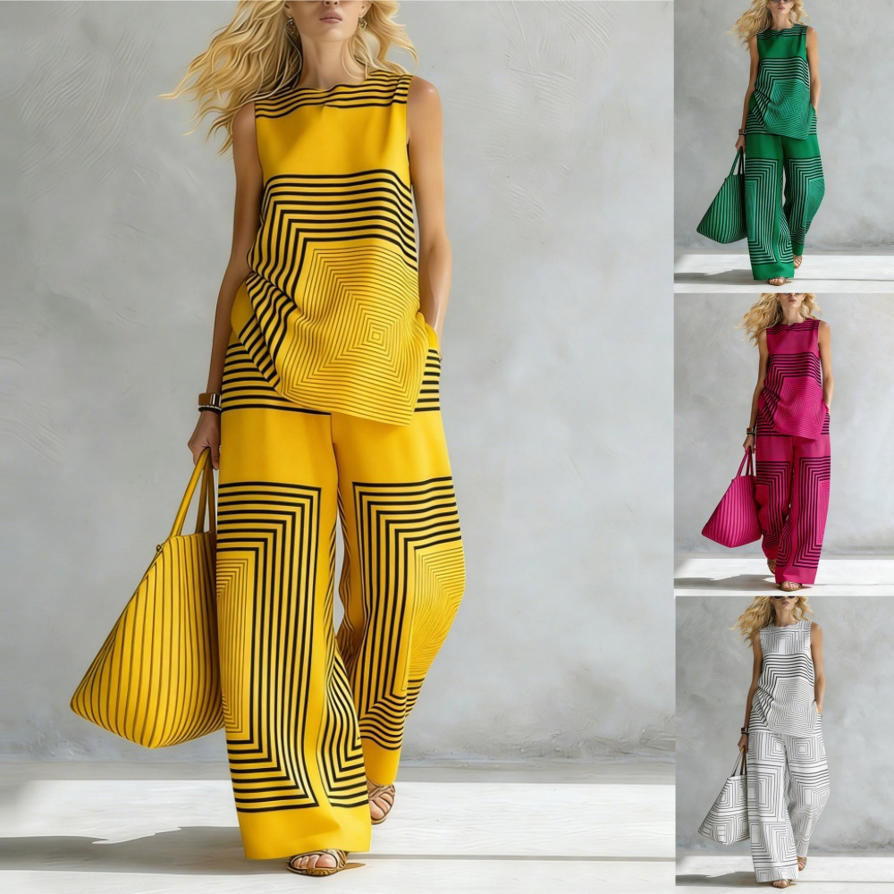Women's Lightweight Geometric Sleeveless Top and Wide-Leg Pants Set