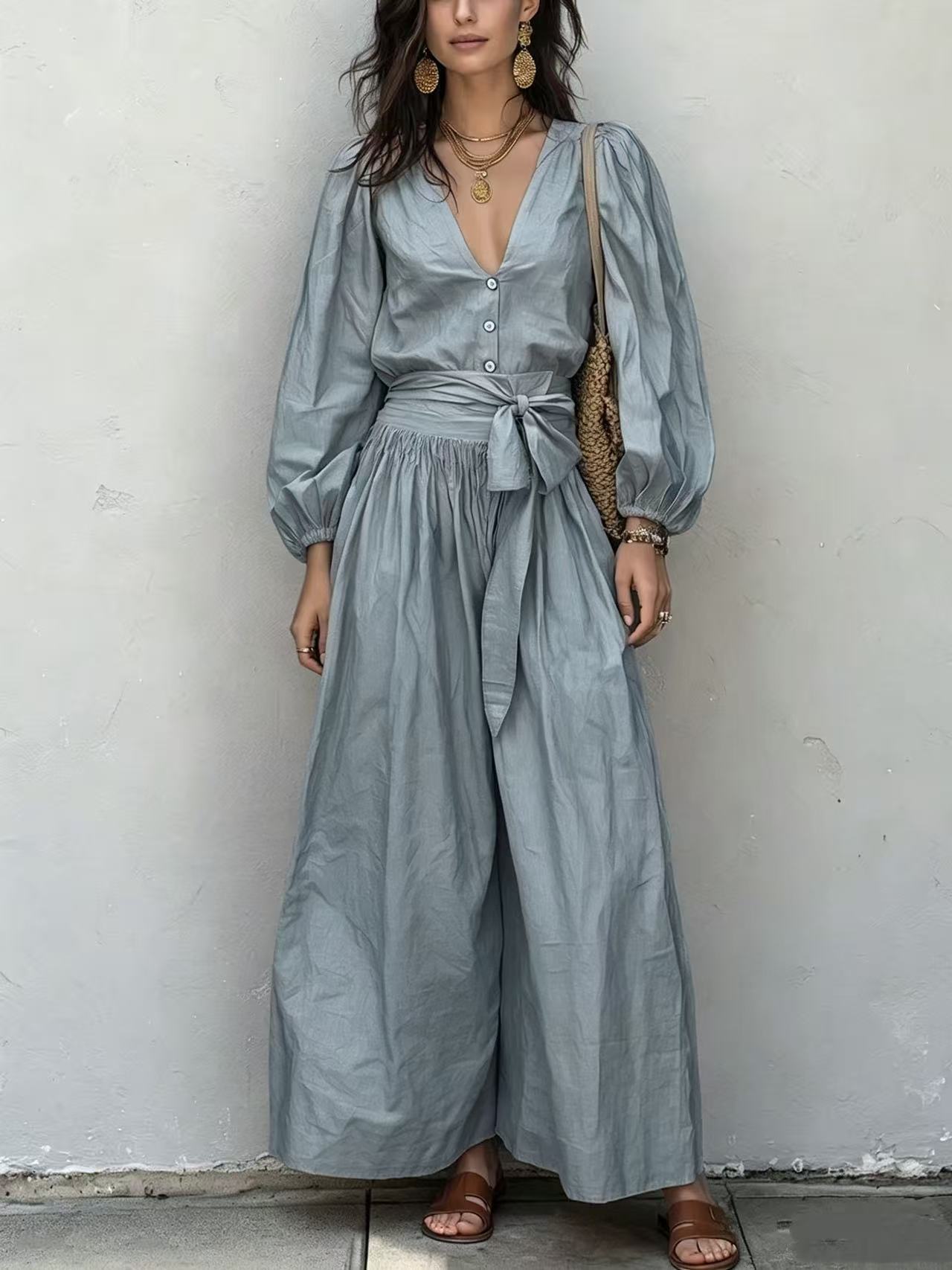 V-Neck Long-Sleeve Tie-Waist Pleated Pants Set