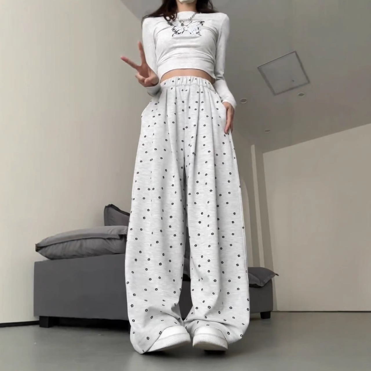 Women's Wide-Leg Straight Casual Pants with Ditsy Floral Print