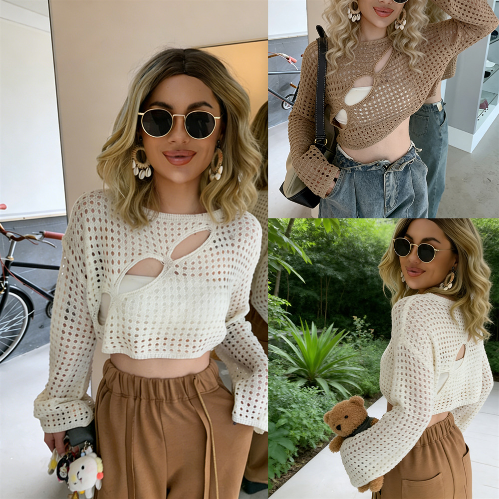 Women's Knit Long Sleeve Openwork Loose Cropped Top
