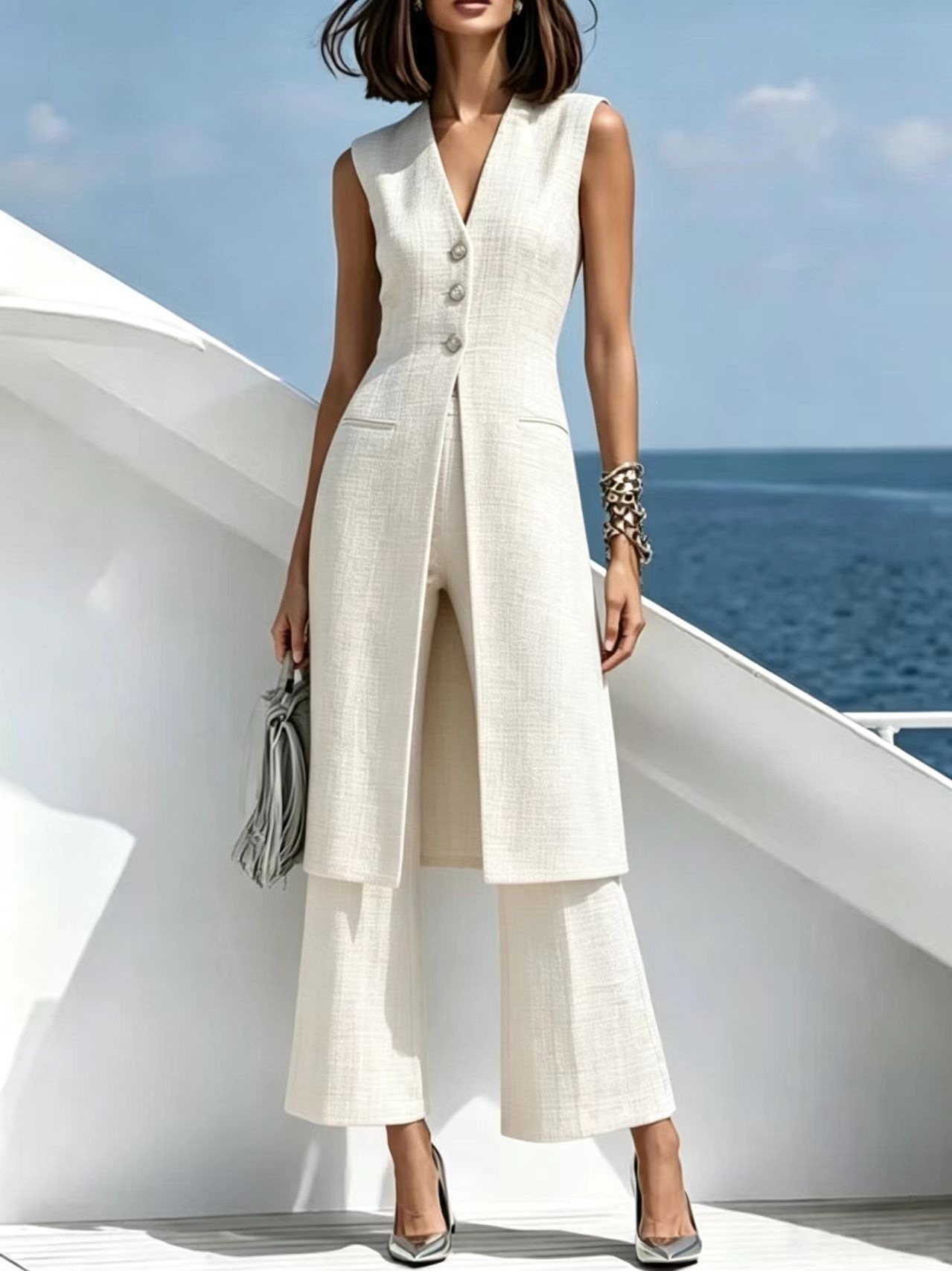 Elegant Gray Long Vest and Pants Two-Piece Suit Set