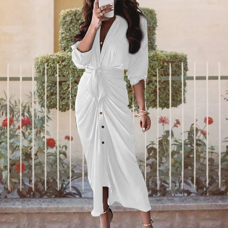 V-Neck Printed Tie-Waist Casual Dress