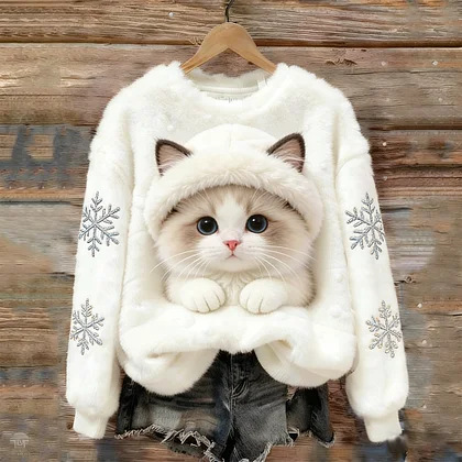 Women's Cute Cat Print Crewneck Sweatshirt