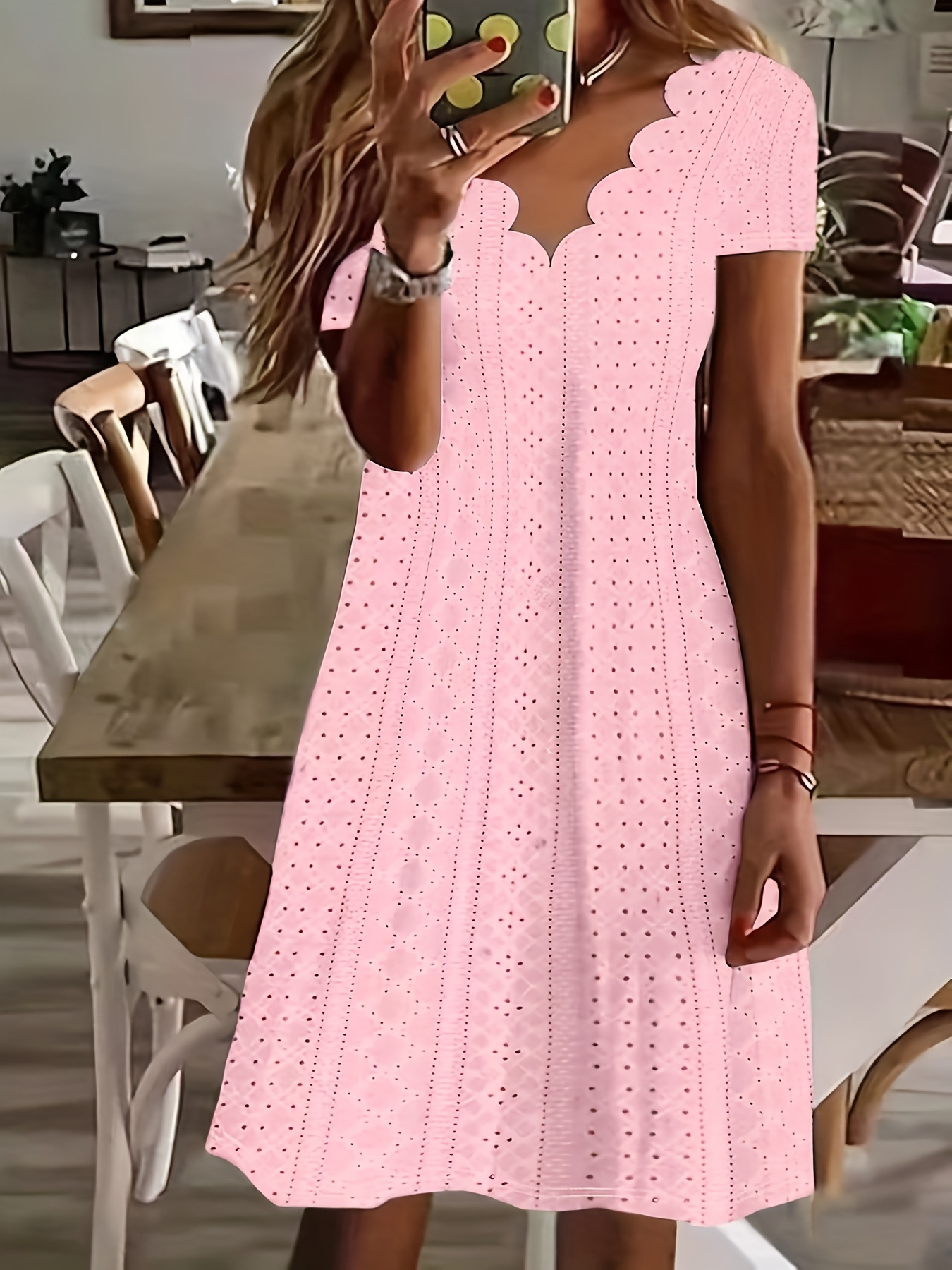 Women's Casual Loose Round Neck Hollow-Out Jacquard Short Sleeve A-Line Dress