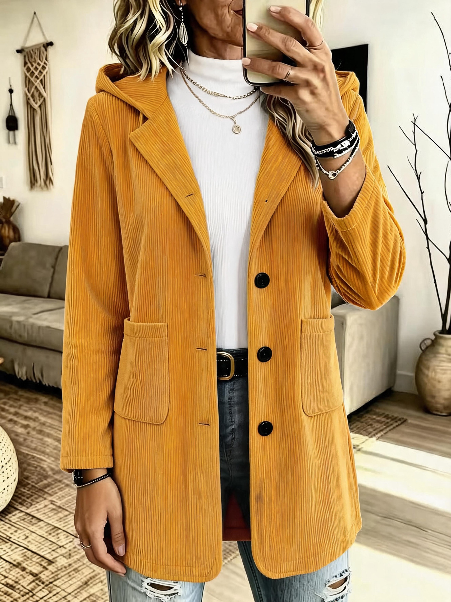 Women's Hooded Corduroy Mid-Length Loose Casual Jacket
