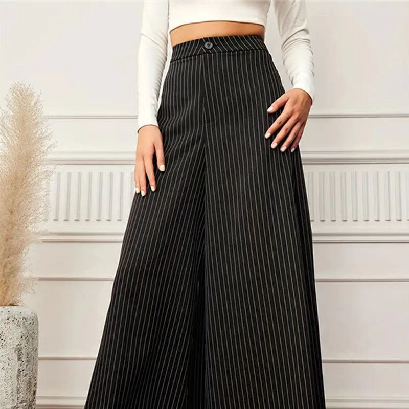 Striped Wide-Leg High-Waist Button Long Pants