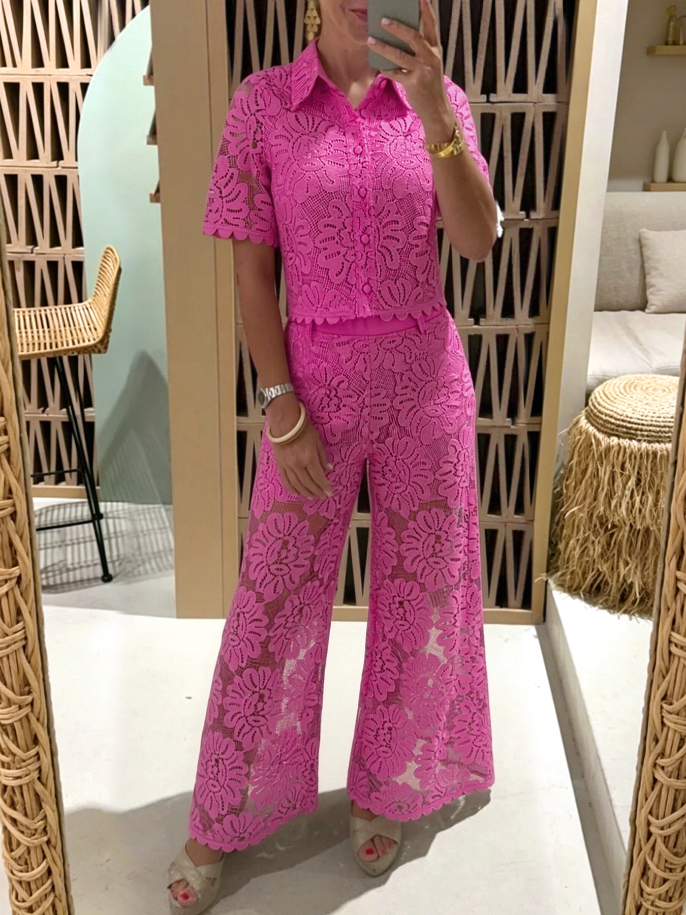 Women's Lace Crochet Short Sleeve Collared High Waist Pants Set