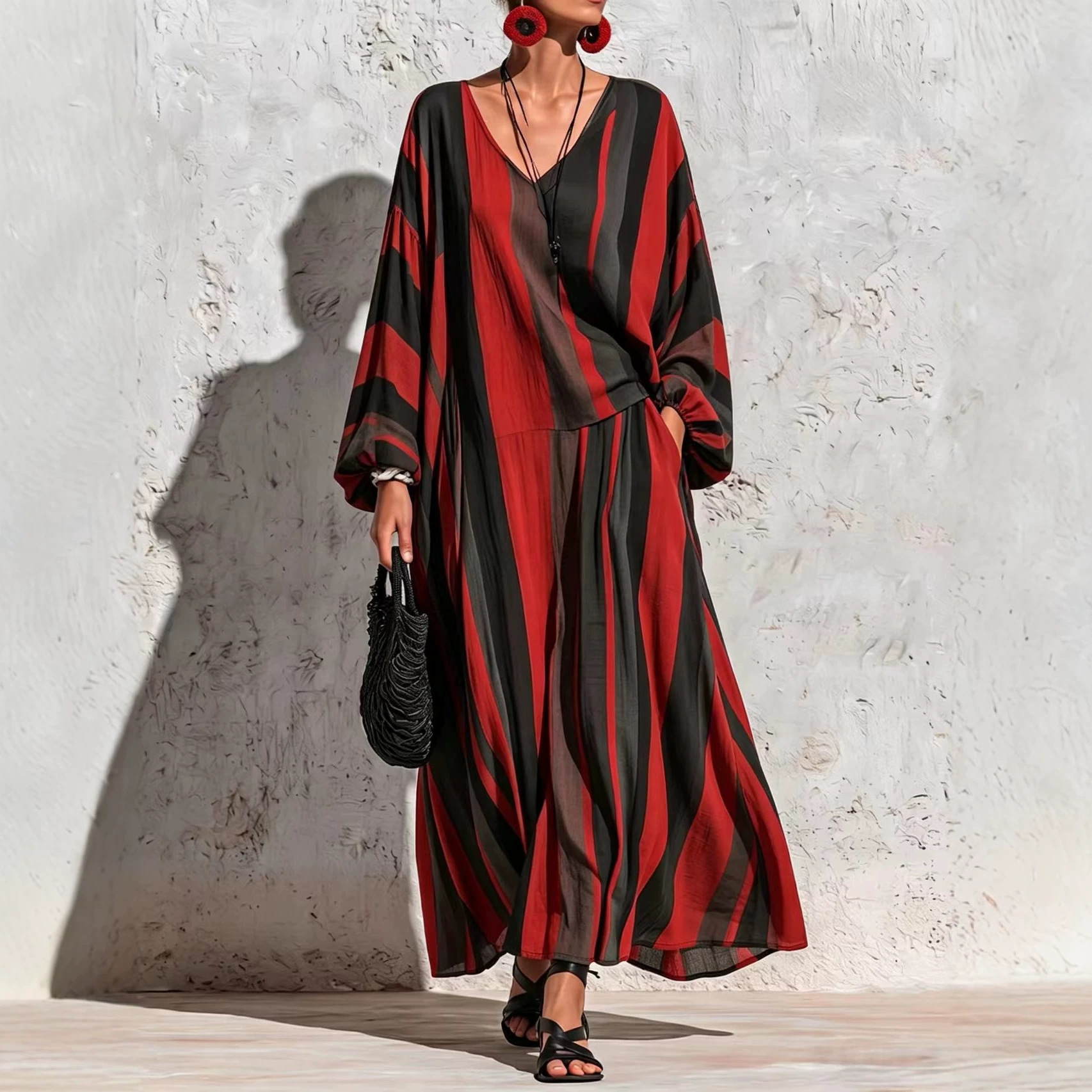 Striped Print V-Neck Long Sleeve Top & Wide-Leg Pants Set