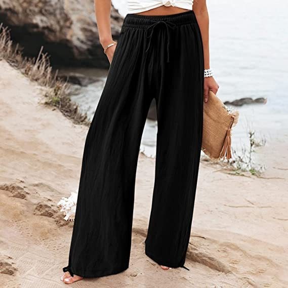 Women's High-Waist Wide-Leg Solid Pants with Elastic Waist