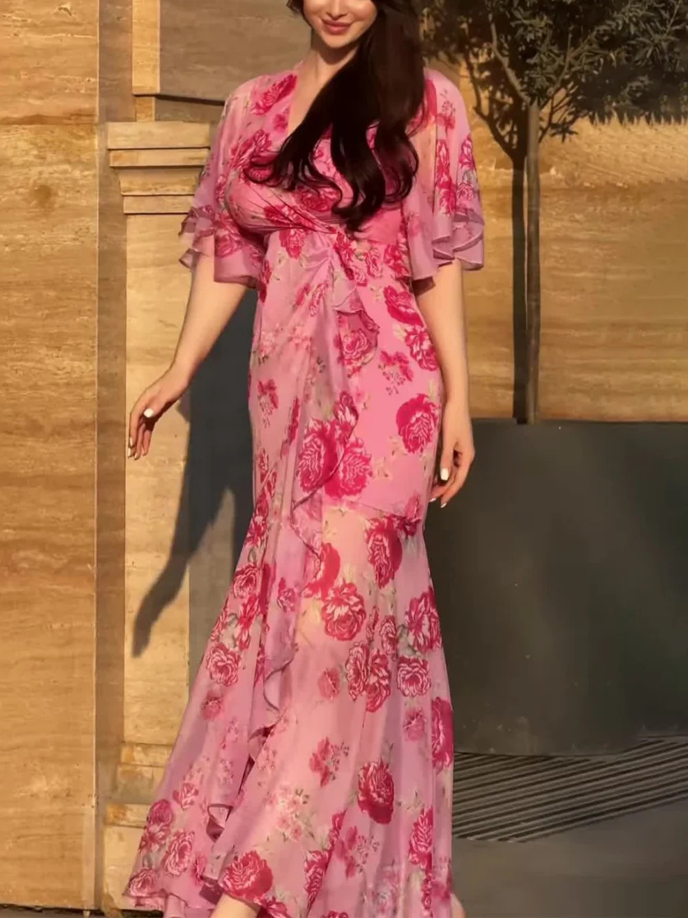 Women's Floral Print Asymmetrical Long Dress with V-Neck and Ruffle Sleeves