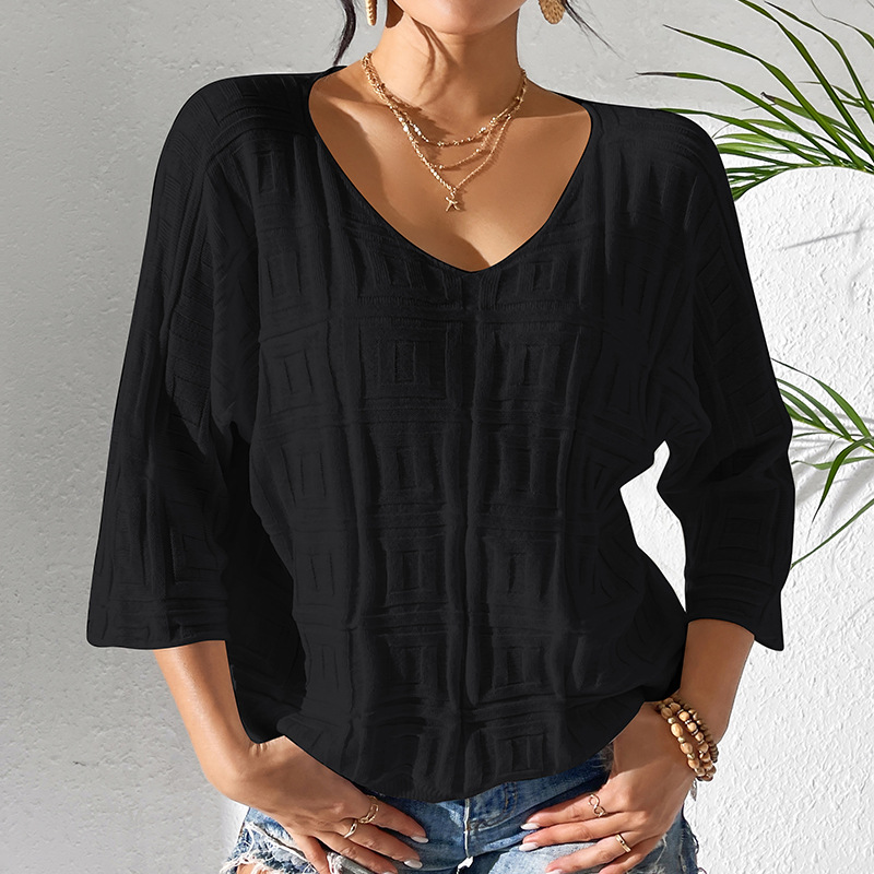 Solid V-Neck Knit Top – Loose Fit 3/4 Sleeve Lightweight Casual Pullover
