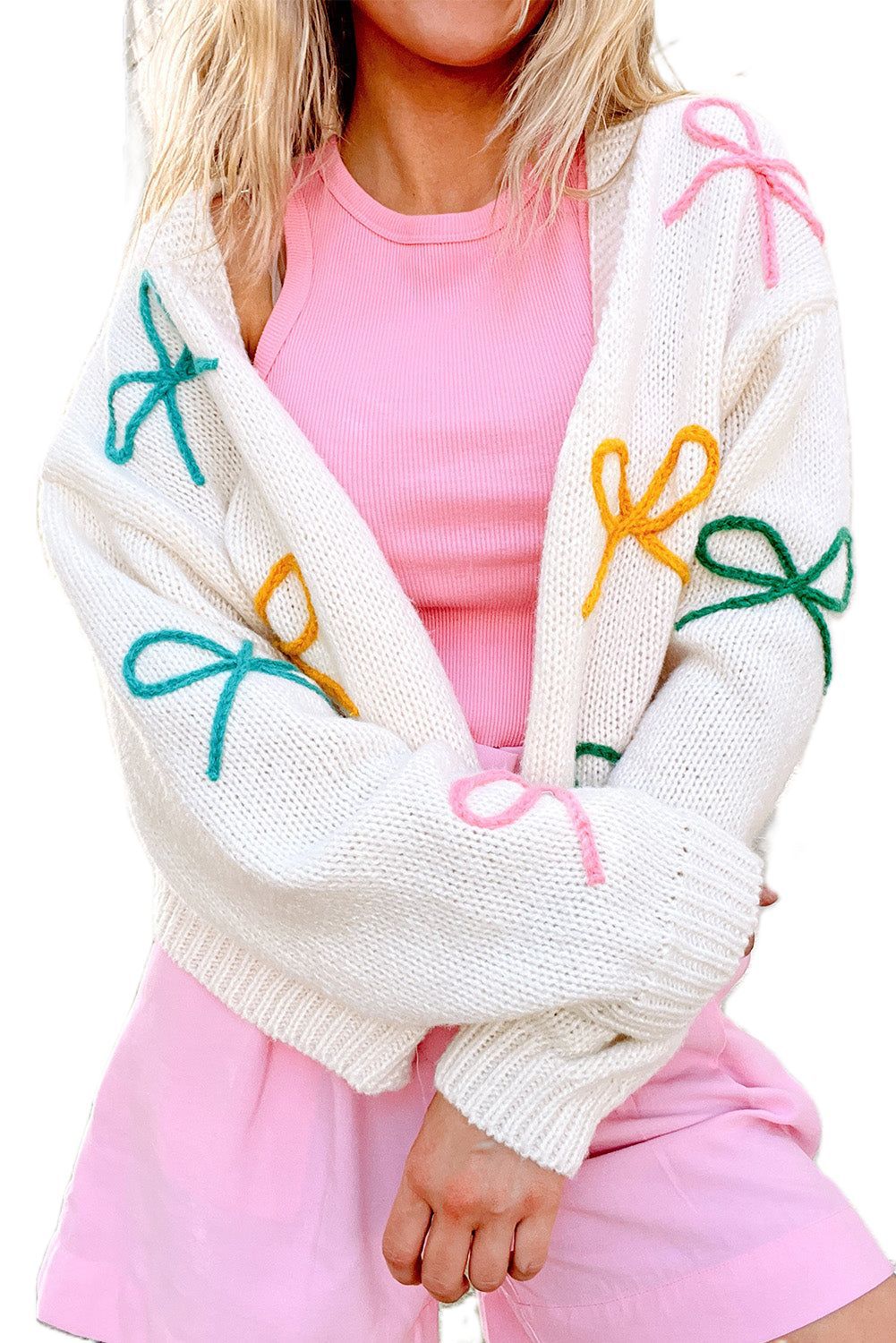 Bow Embroidered V-Neck Cardigan Sweater