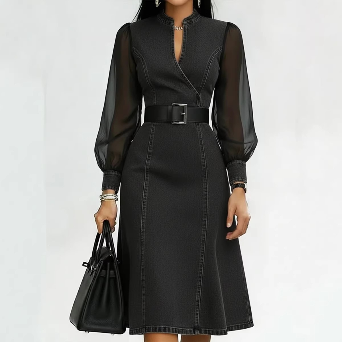 Long Sleeve Stand Collar Cinched Waist Denim Dress