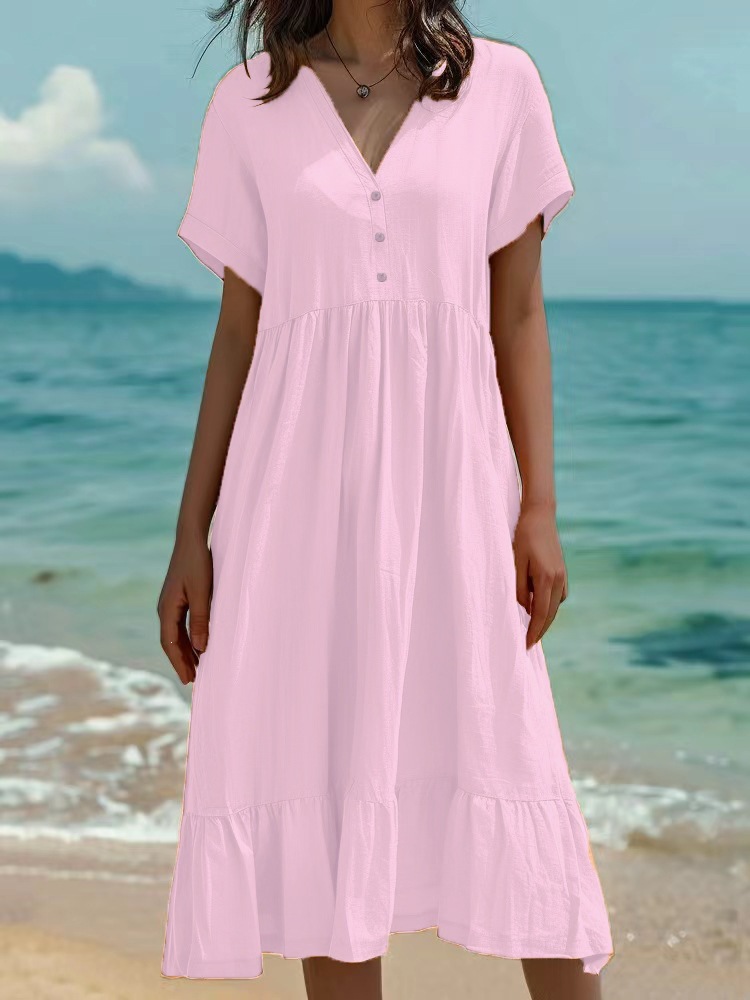 V-Neck Three-Button Short Sleeve High Waist Ruffle Midi Dress