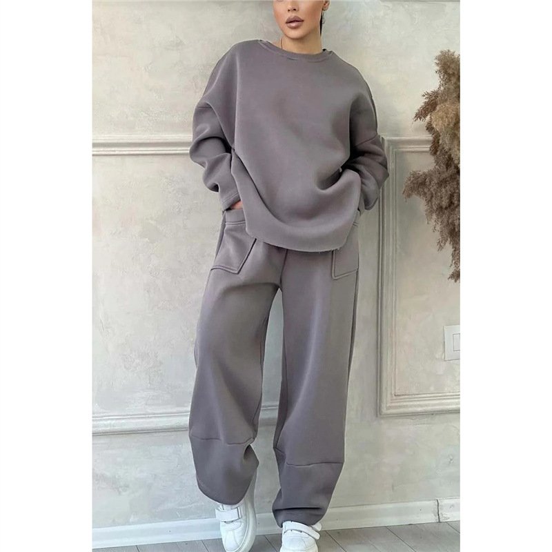 Solid Color Crewneck Long Sleeve Pocket Wide Leg Pants Loose Hoodie Two Piece Set