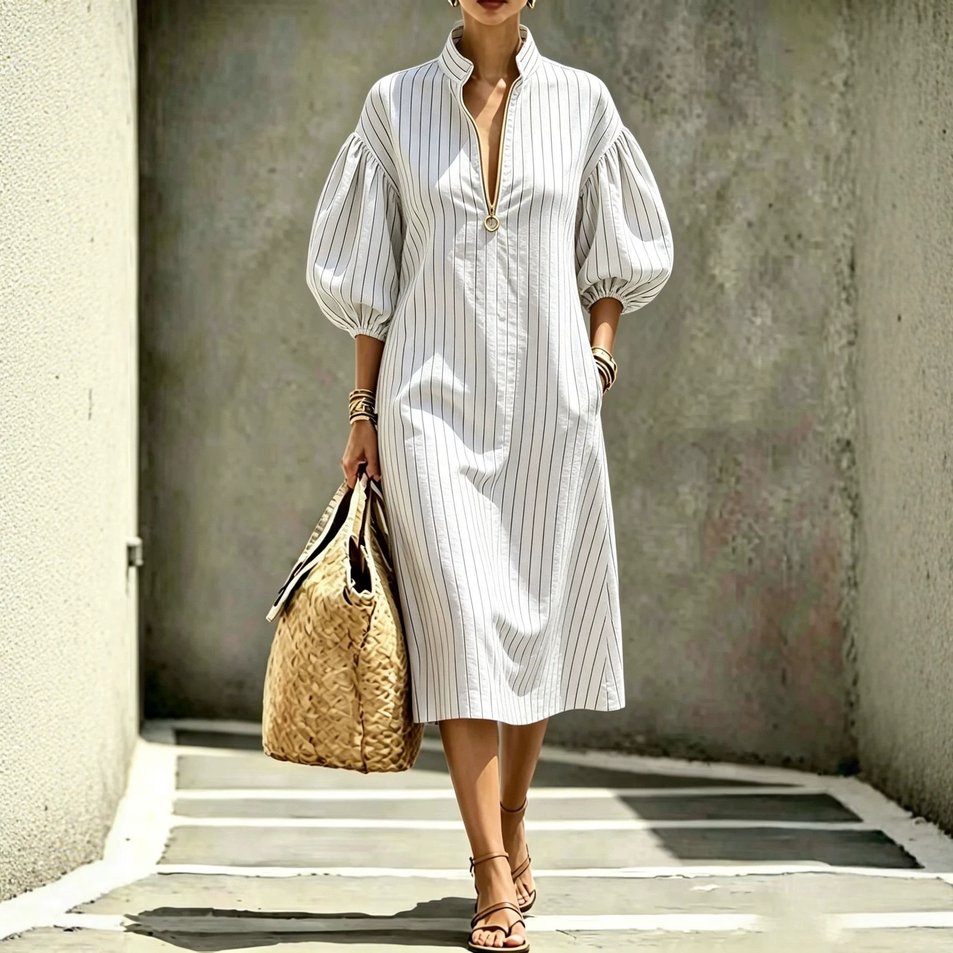 Women's Casual Loose Stand Collar Puff Sleeve Half-Zip Midi Dress