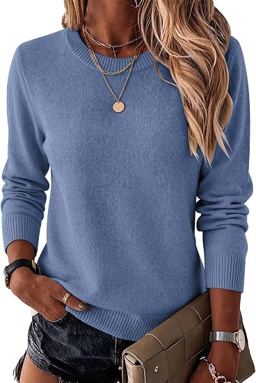 Women's Crewneck Knit Sweater Solid Color Pullover Long Sleeve