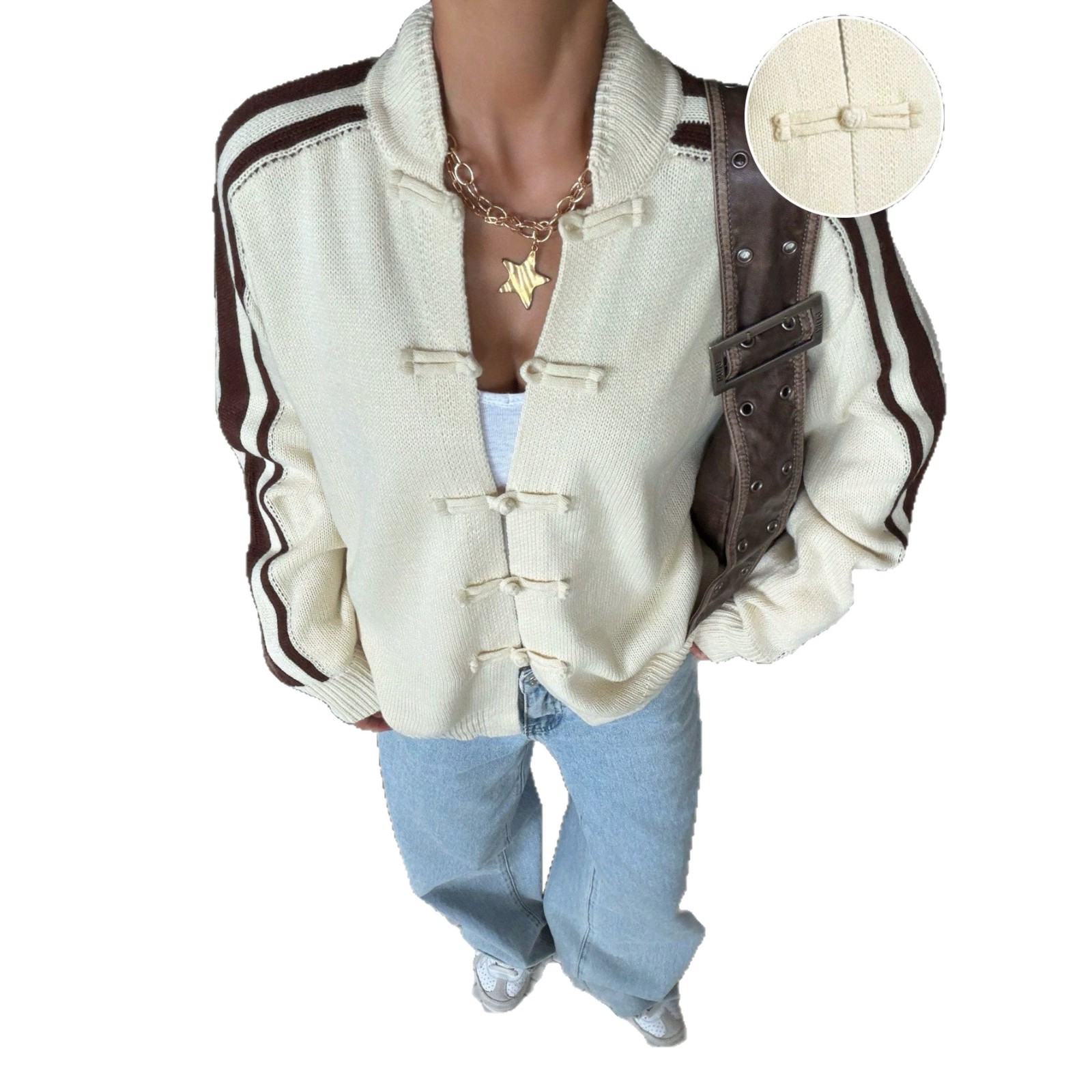 Retro Color-Block Striped Button-Front Knit Cardigan with Mandarin Collar
