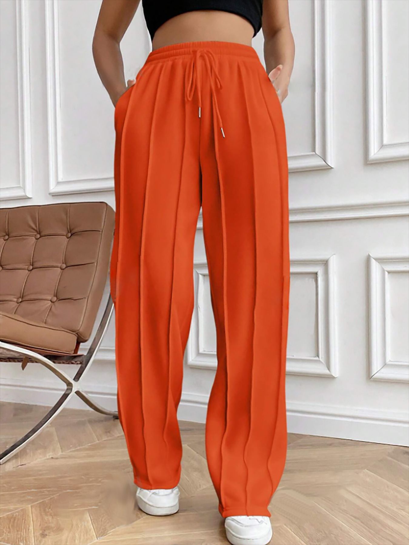 Women's Casual Drawstring Straight-Leg Track Pants with Vertical Stripes