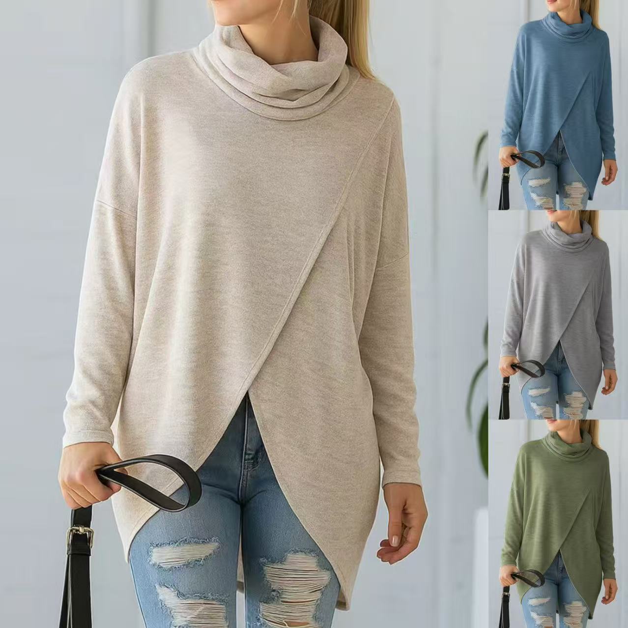 Women's Casual Loose Long Sleeve Solid Color Cowl Neck Knit Top
