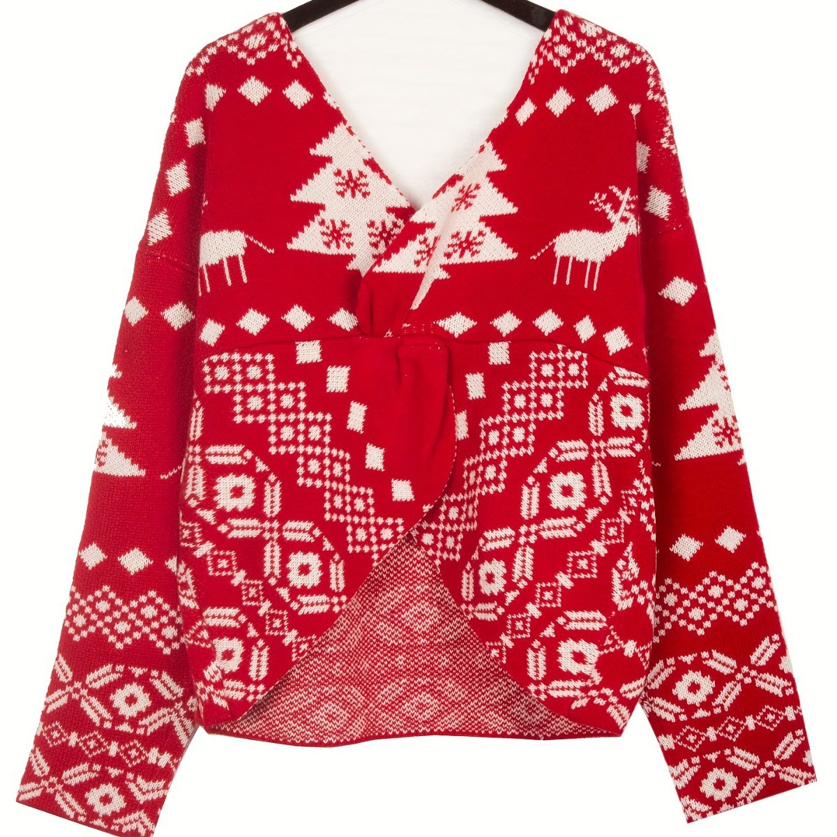 V-Neck Reversible Asymmetric Snowflake Sweater with Open Back and Shoulders, Long Sleeve Wool Top