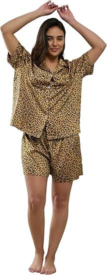 Women's Cuban Collar Satin Striped Print Short Sleeve Shirt Set