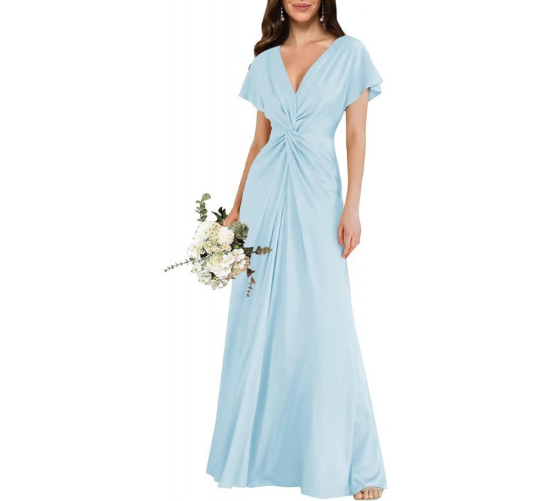 Satin Short Sleeve A-Line Dress V-Neck Midi Formal Party Bridesmaid