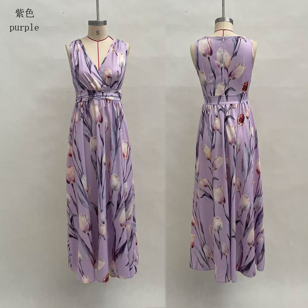 Blue Tulip Print Sleeveless V-Neck Maxi Dress