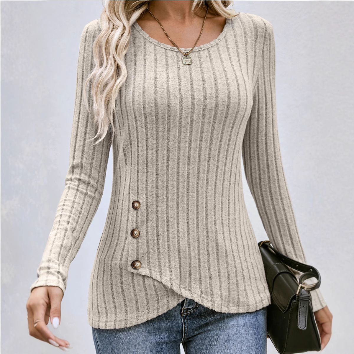 Women's Slim Fit Ribbed Knit Long Sleeve Round Neck Top