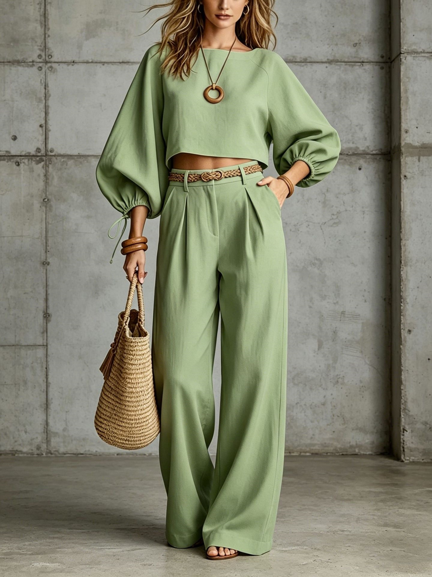 Women's Puff Sleeve Top & Wide-Leg Pants Casual Set