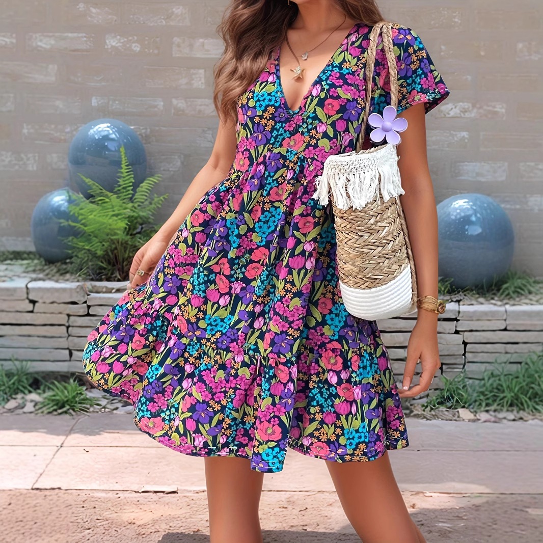 Colorful Floral V-Neck Mini Dress with Flutter Sleeves and Fit-and-Flare Skirt