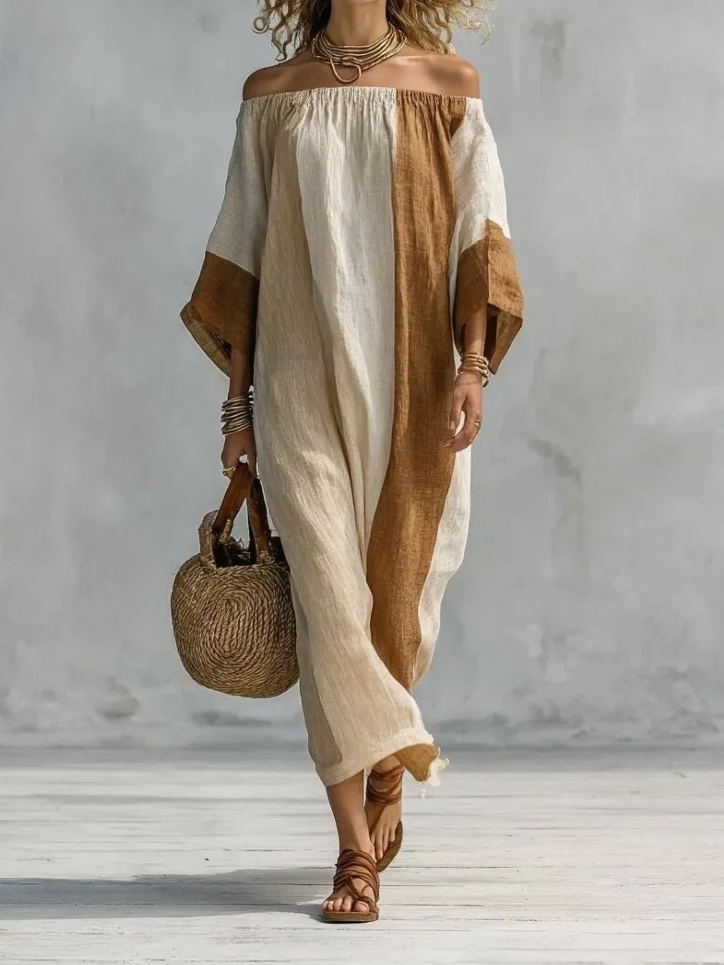 Women's Off-Shoulder Color-Block Long Dress Casual Loose Fit
