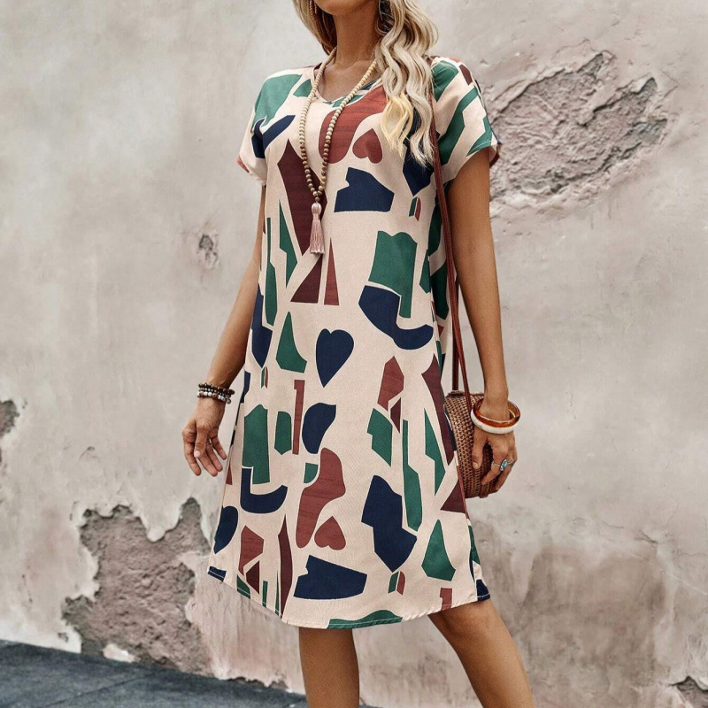 Women's V-Neck Geometric Print Short Sleeve Dress