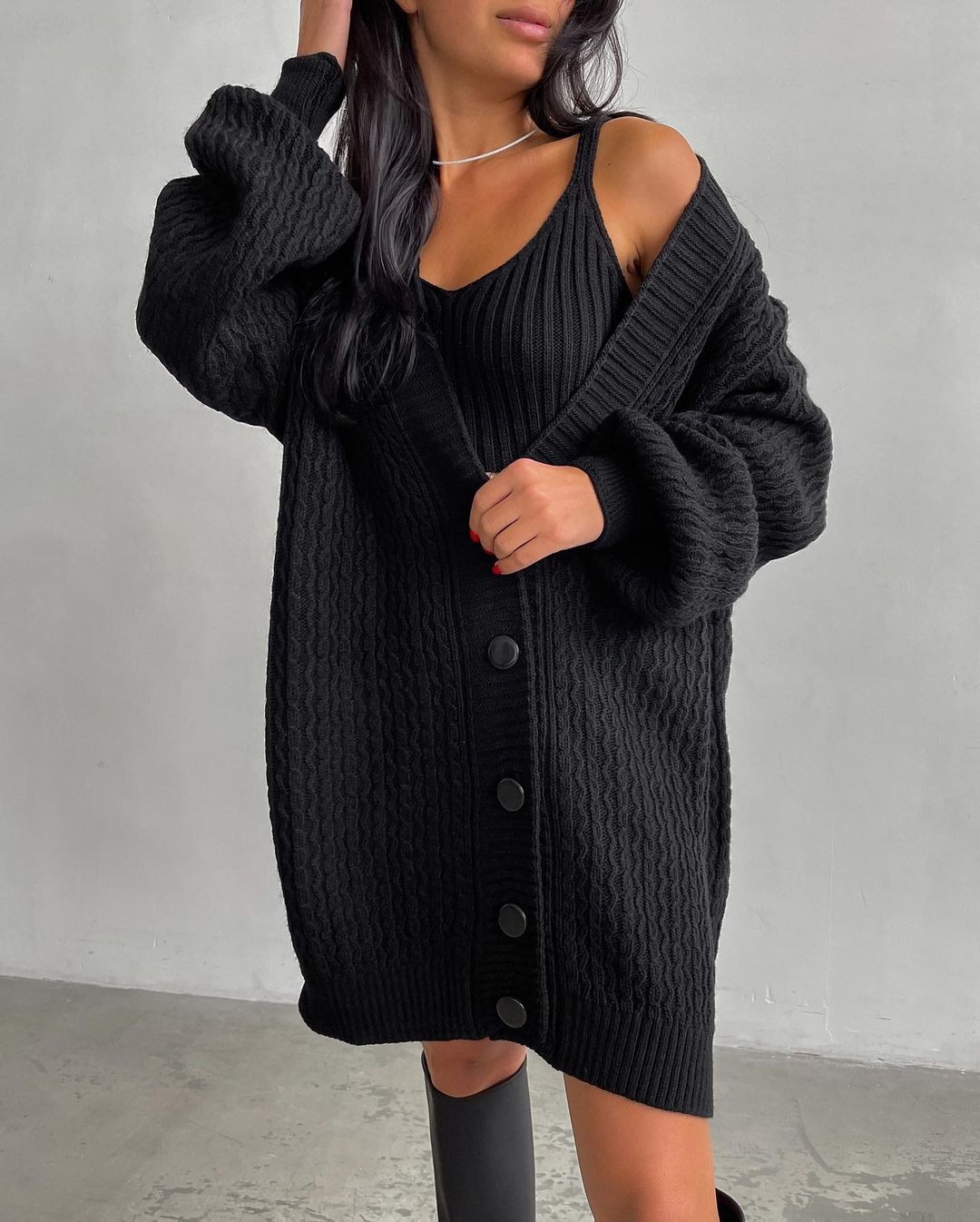 Women's V-Neck Midi Knit Cardigan Sweater Vest Set Puff Sleeve Solid