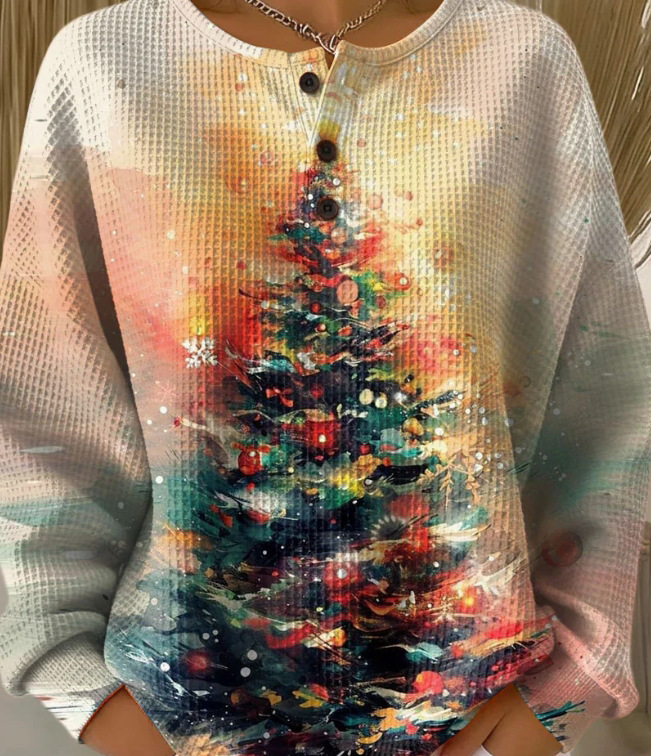 Women's 3D Print Waffle Knit Long Sleeve Polo Shirt