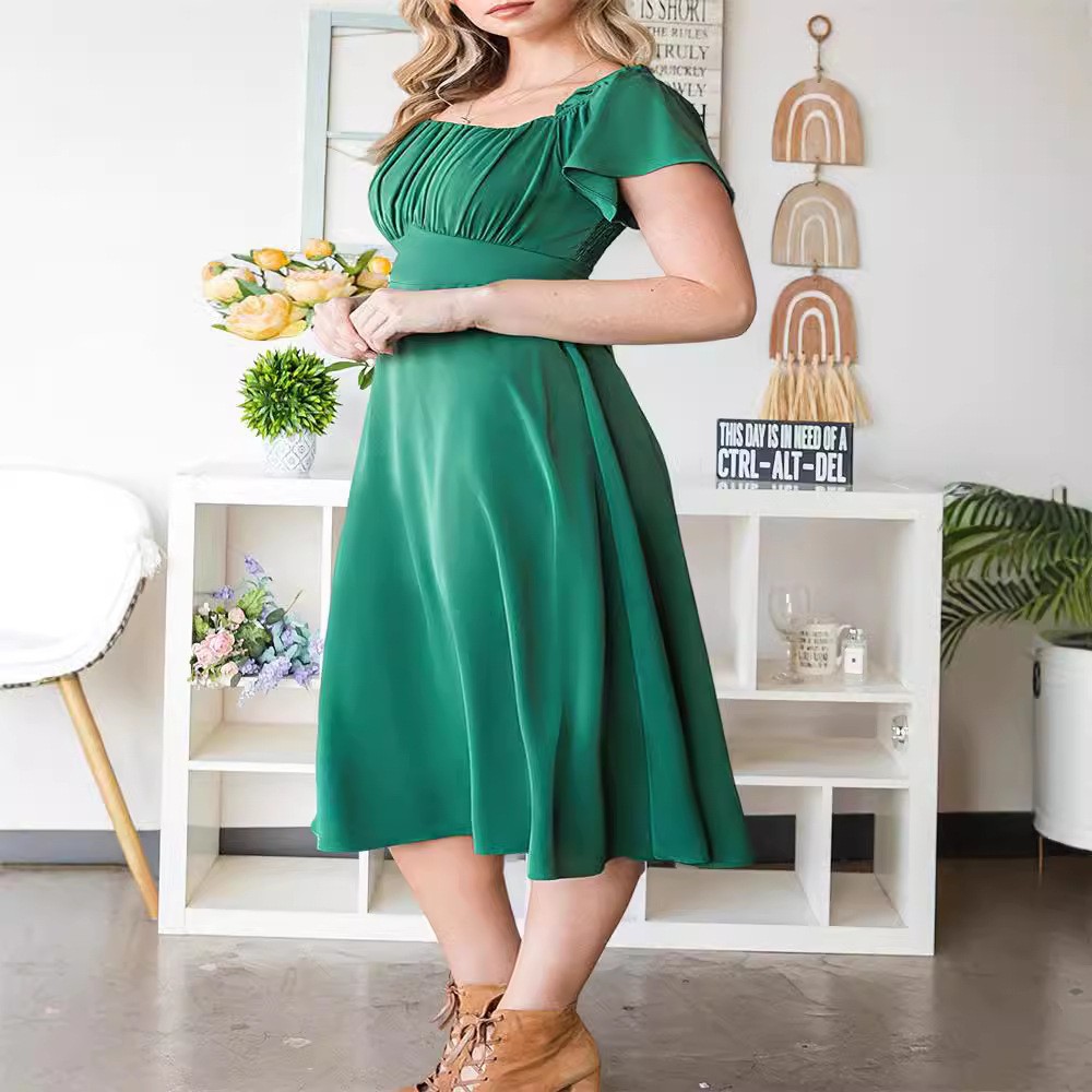 French-Style Ruched Square-Neck A-Line Midi Dress Plus Size