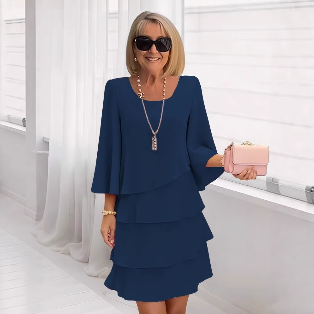 Women's Tiered Cake Dress Round Neck Loose Fit Midi Dress