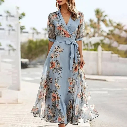Women's Short Sleeve V-Neck Floral Print High Waist Maxi Dress