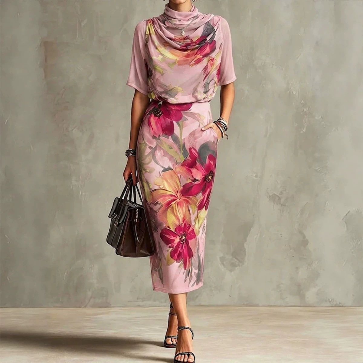 Floral Print Chiffon Top and Skirt Two-Piece Set